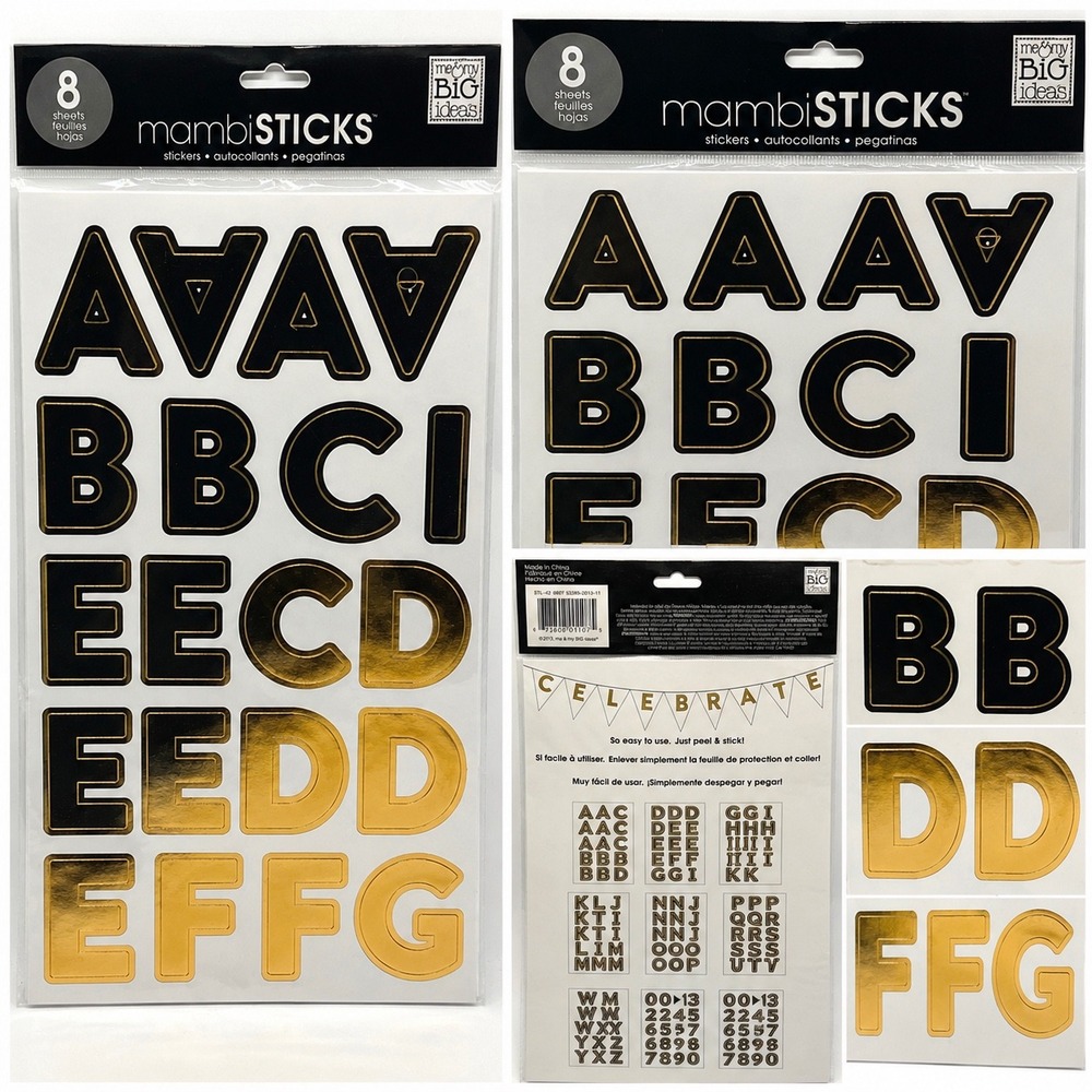 Me & My Big Ideas mambiSTICKS Black Gold Foil Alphabet Number Stickers 8 Sheets